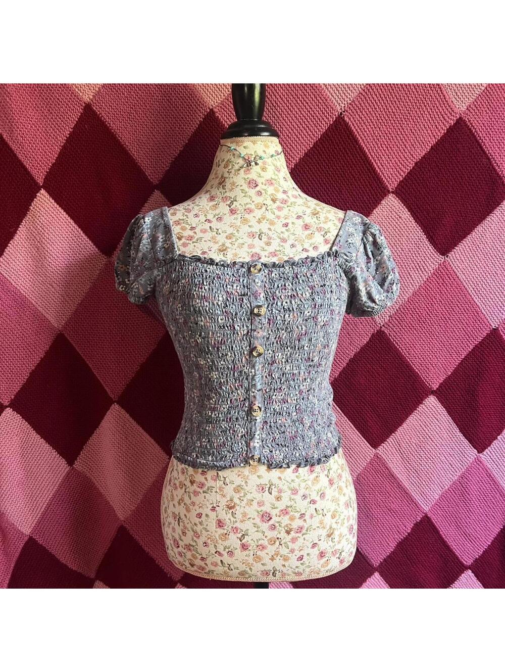 blue floral smocked milkmaid top